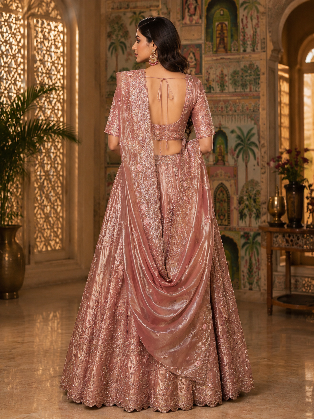 Rose Blush Peacock Heritage Tissue Lehenga Set
