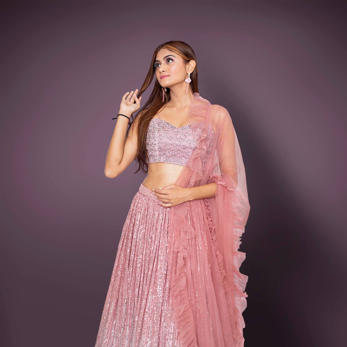 Pink And Silver Shaded Sequins Lehenga With Sequins And Cut Dana Croptop
