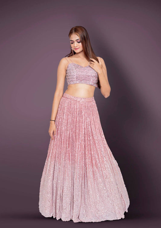 Pink And Silver Shaded Sequins Lehenga With Sequins And Cut Dana Croptop
