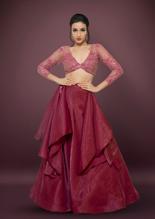 Rust Pink Lehenga With Onion Pink Blouse Adorned With Cutdana, Pearl, Sequence