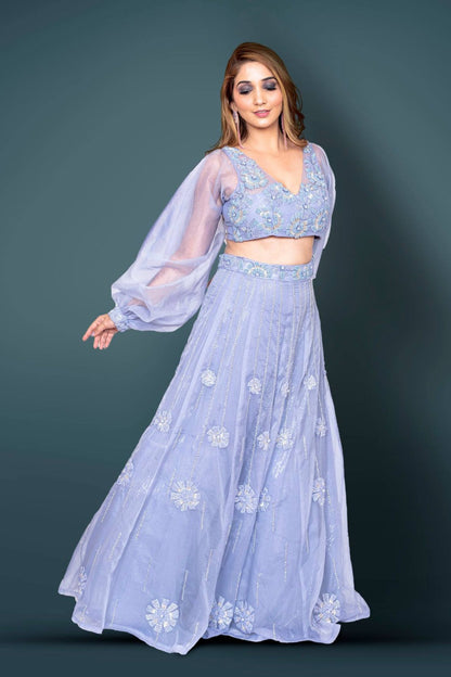 Blue Lehenga, Blouse With Trendy Balloon Sleeves Enhanced With Cutdana And Beads