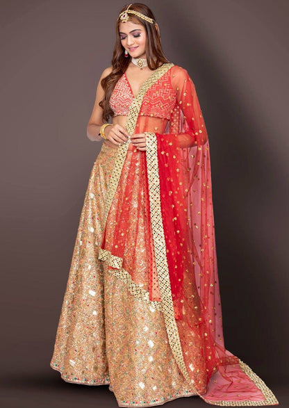 Golden Lehenga And Red Croptop With Sequins And Cutdana Work