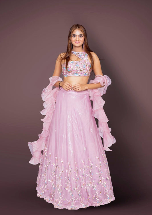 Lavender Lehenga And CropTop With Multicolour Sequins And Cutdana Embroidery