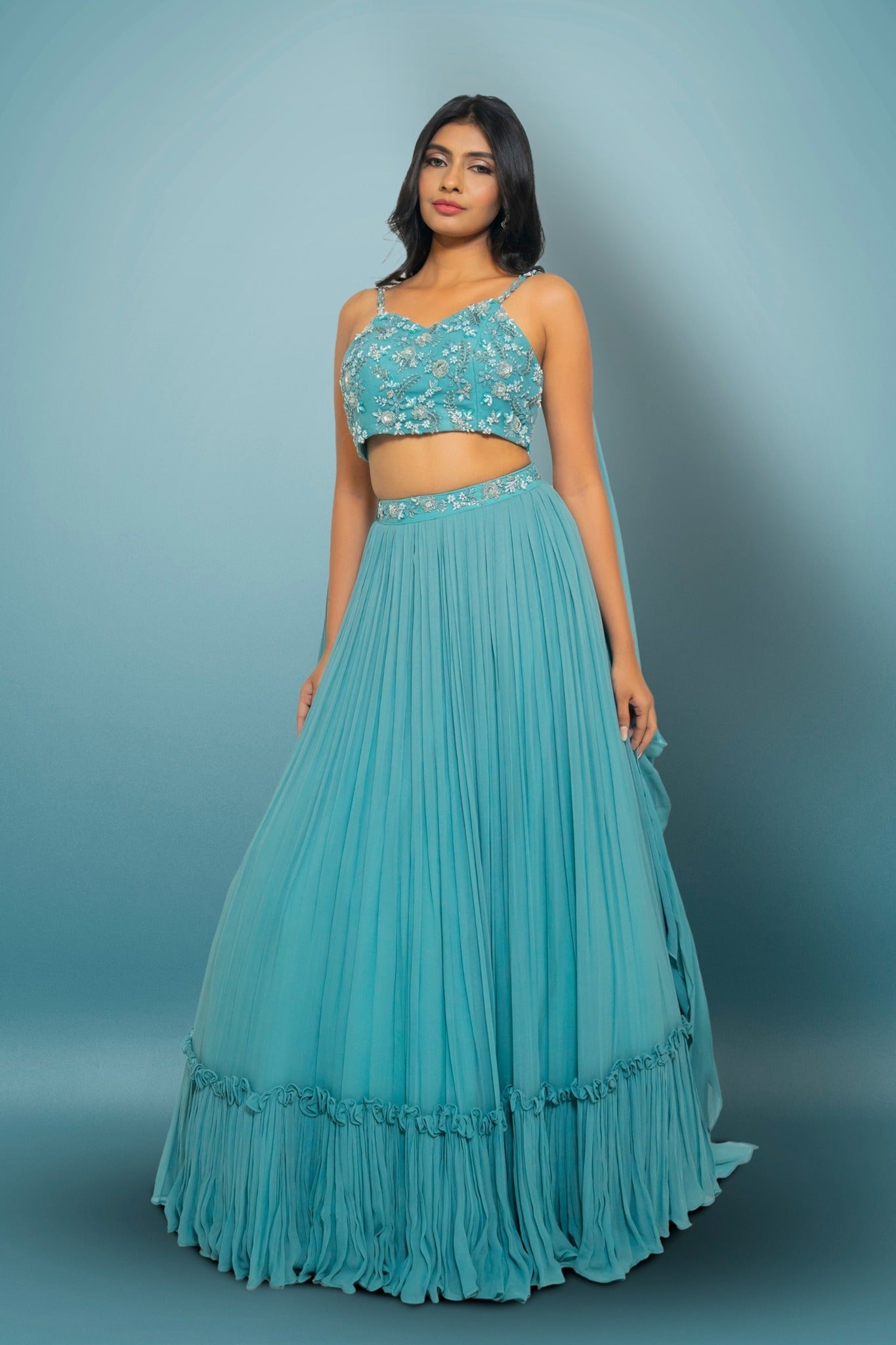 Teal Green Lehenga And  Blouse With Sequence, Cutdana & Crystal Work