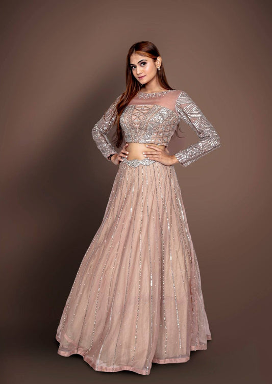 Rust Lehenga And Blouse With Heavy Sequins, Cutdana And Pearl Embroidery