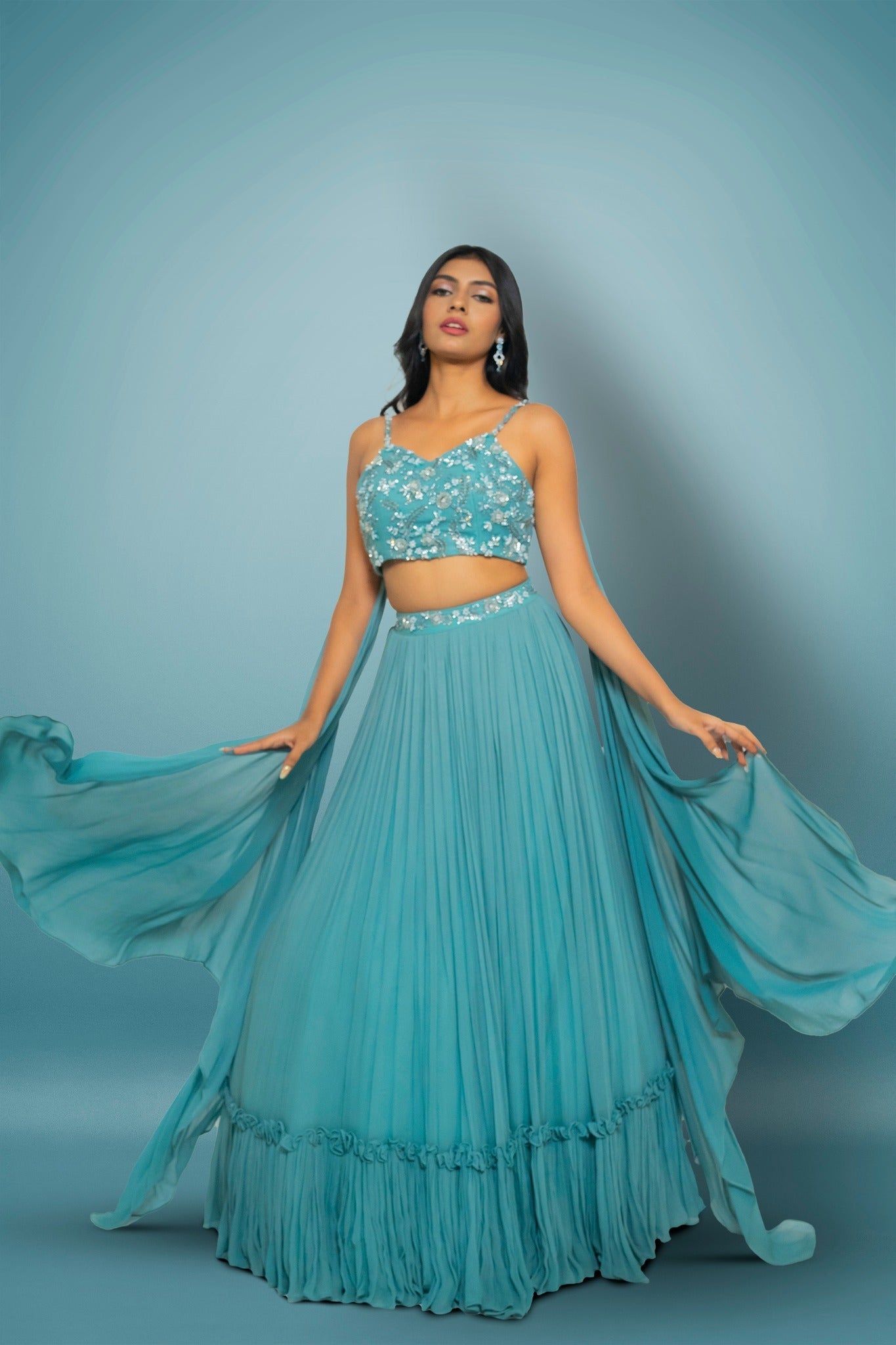 Teal Green Lehenga And  Blouse With Sequence, Cutdana & Crystal Work