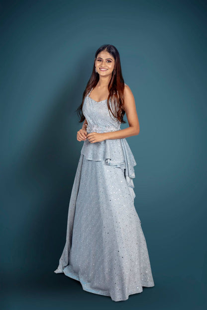 Sky Blue Gown With Glitter Handwork On Waist And Shoulder Straps