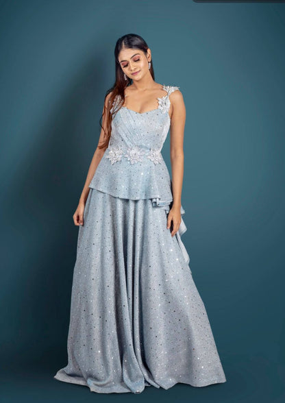 Sky Blue Gown With Glitter Handwork On Waist And Shoulder Straps