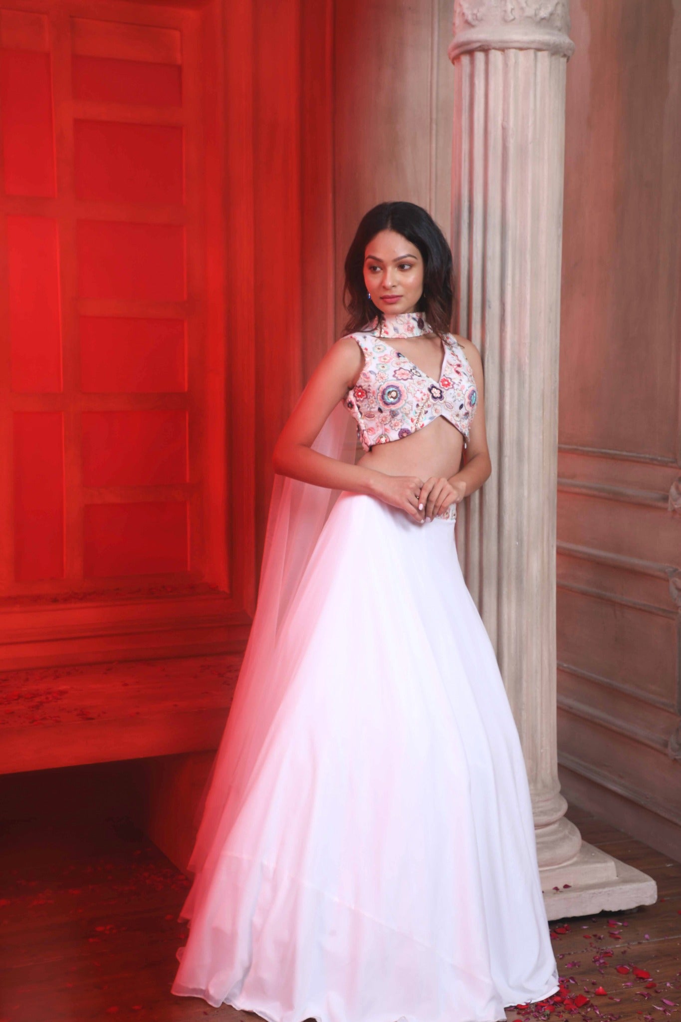 White Lehenga Choli With Embroidery In Floral Blossoms