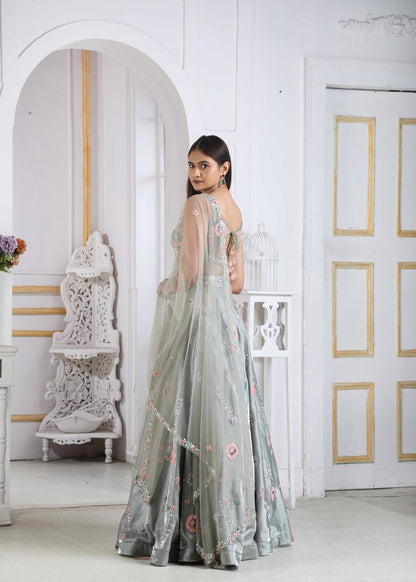 Tomilho Lehenga Choli In Glass Organza With Floral Handwork And A Matching Net Dupatta