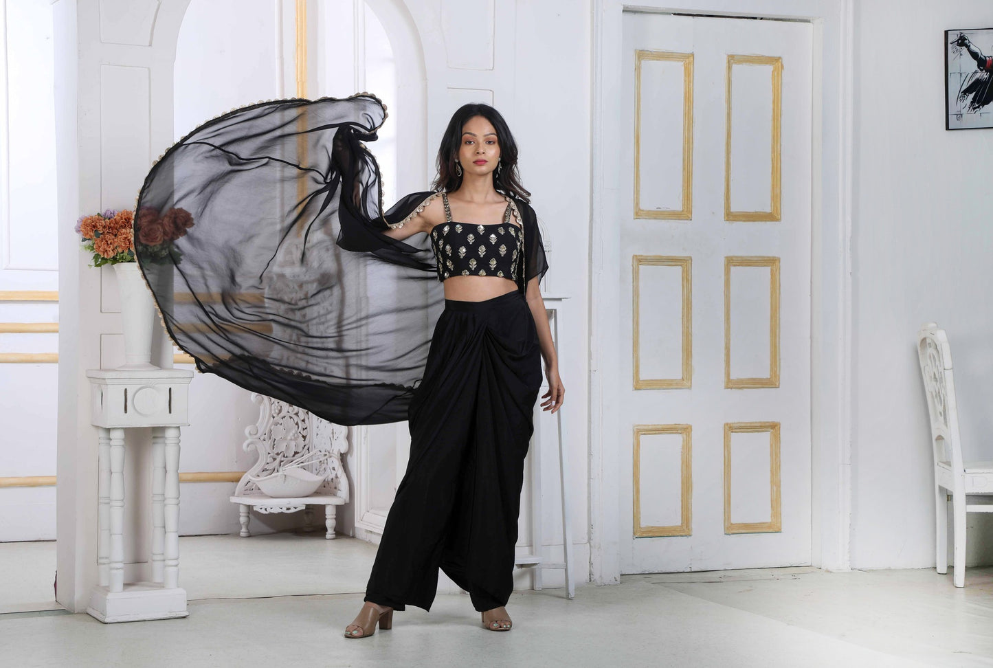 Black Dhoti Set With Raw Silk Handwork Blouse And A Cape Jacket