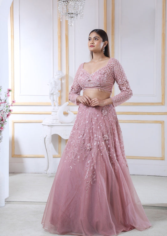 Onion Rust Lehenga & Blouse Embellished with Cutdana, Pot, Crystal, Sequins & More