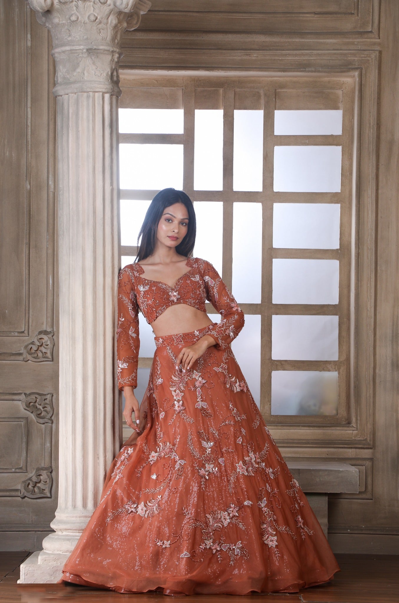 Rust Handwork Lehenga And Full Sleeves Blouse With Handcrafted Dupatta
