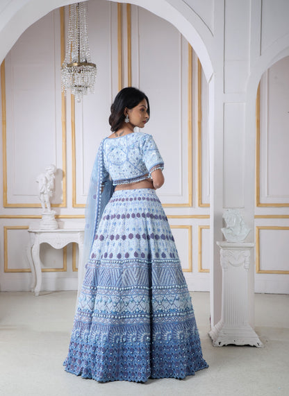 Ocean Ombre Lehenga & Blouse Heavily Embroidered With Various Materials And A Matching Dupatta