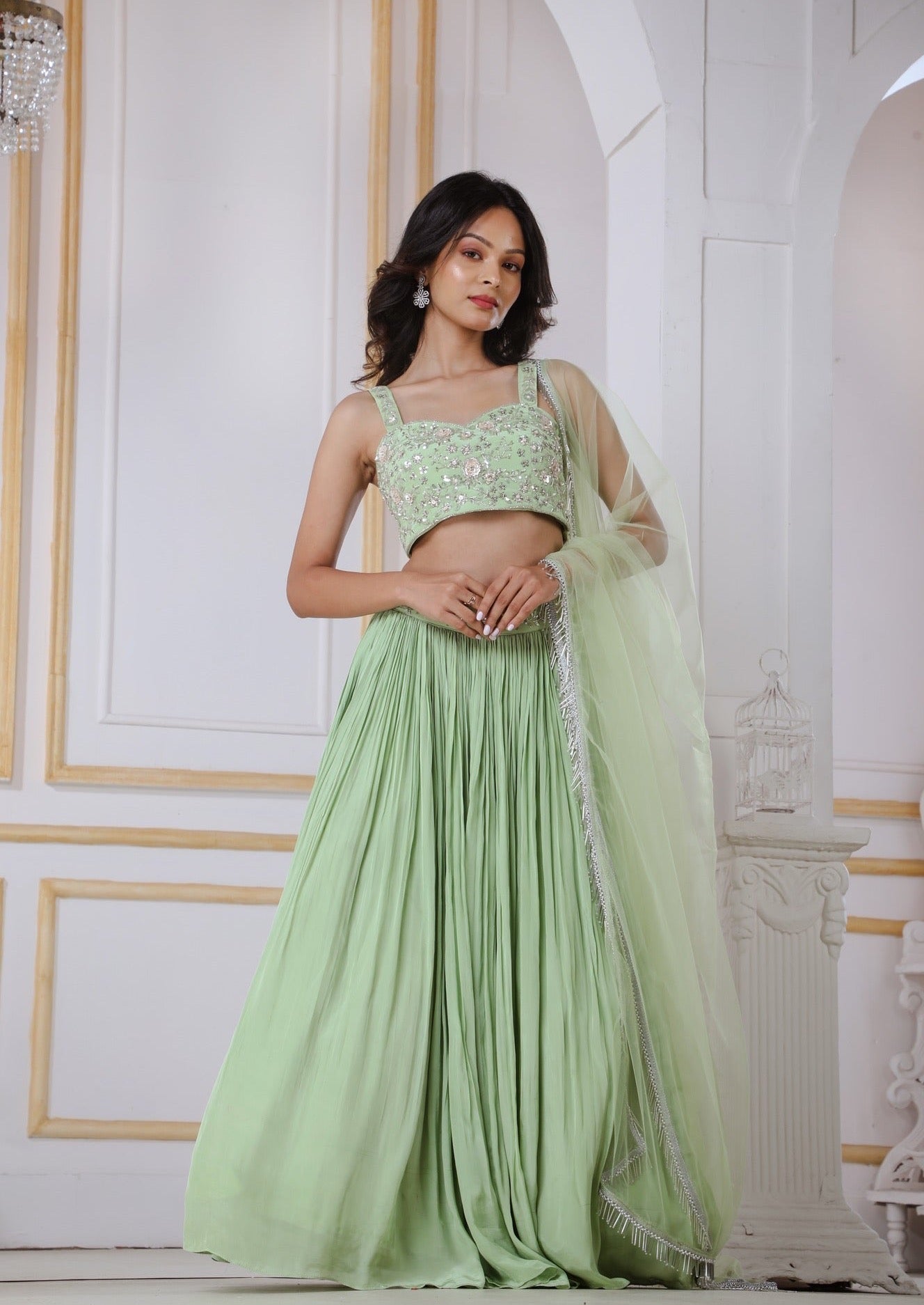 Mint Green Lehenga & Blouse In Crape With Floral Handwork And A Matching Dupatta