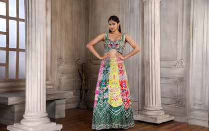 Multi Colour Lehenga And Hunter Green Blouse In Handwork With An Ombre Dupatta