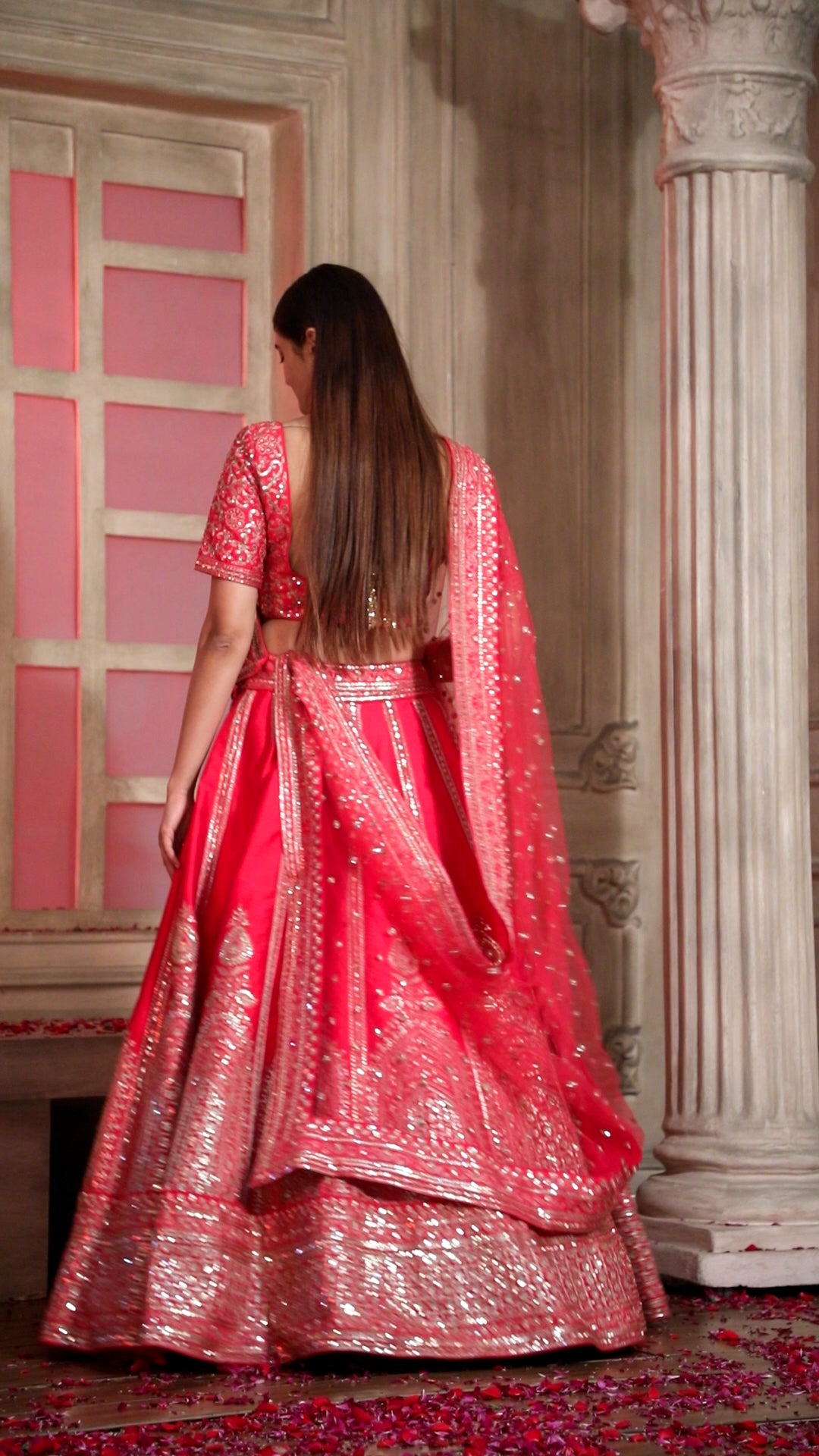 Cherry Red lehenga In Raw Silk With Sequins And Aari Handwork And A Matching Dupatta