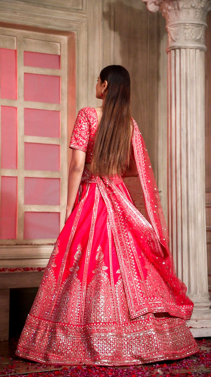 Cherry Red lehenga In Raw Silk With Sequins And Aari Handwork And A Matching Dupatta