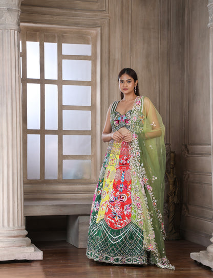 Multi Colour Lehenga And Hunter Green Blouse In Handwork With An Ombre Dupatta