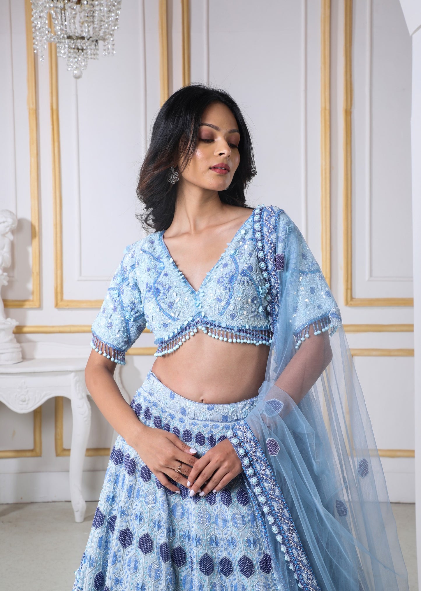 Ocean Ombre Lehenga & Blouse Heavily Embroidered With Various Materials And A Matching Dupatta