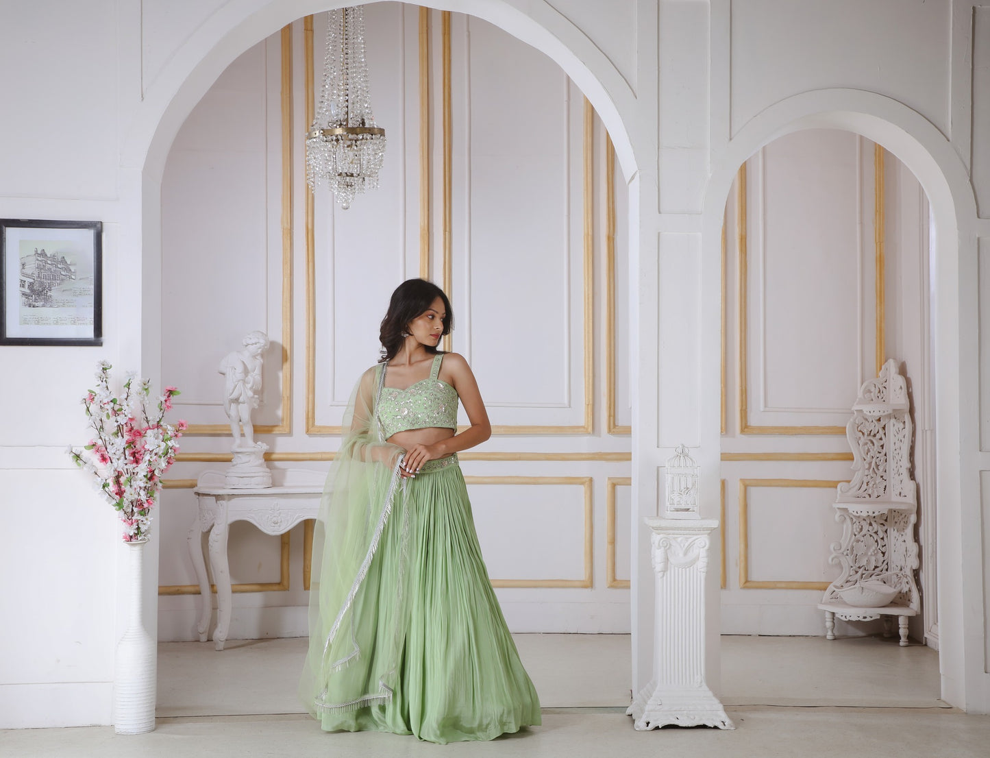 Mint Green Lehenga & Blouse In Crape With Floral Handwork And A Matching Dupatta