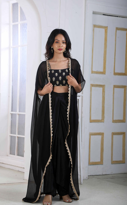 Black Dhoti Set With Raw Silk Handwork Blouse And A Cape Jacket