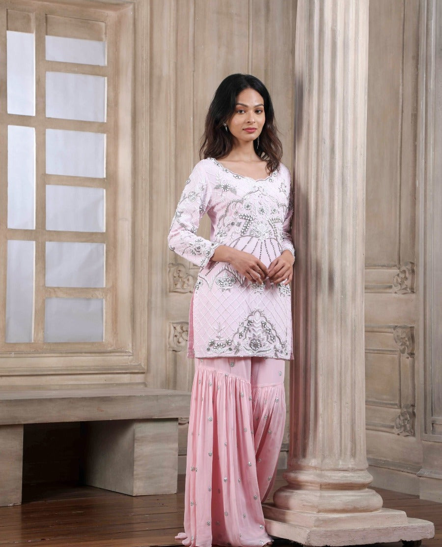 Baby Pink Gharara Set With Hand Work And A Net Dupatta