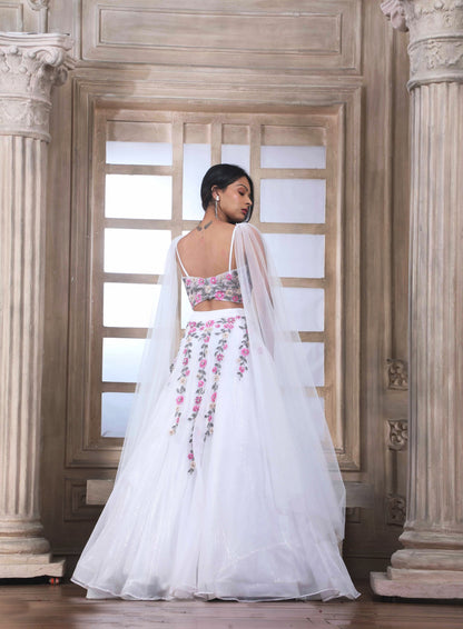 White Lehenga Choli In Organza With Floral Embroidery In Resham, Cutdana, Sequins And Pot Handwork