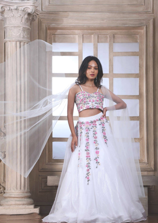 White Lehenga Choli In Organza With Floral Embroidery In Resham, Cutdana, Sequins And Pot Handwork