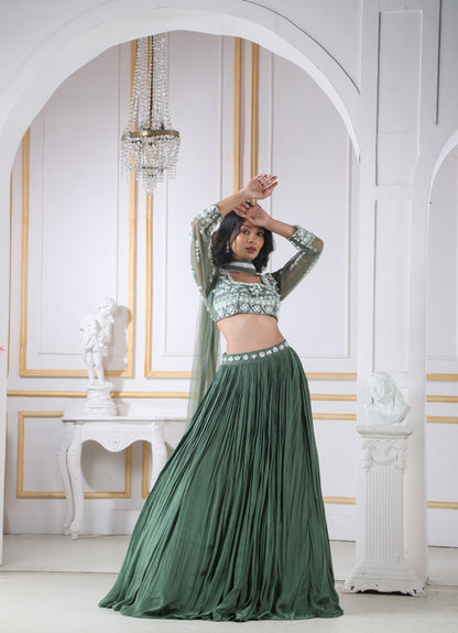 Olive Green Lehenga & Blouse With Silver, Green Self Work And A Matching Net Dupatta
