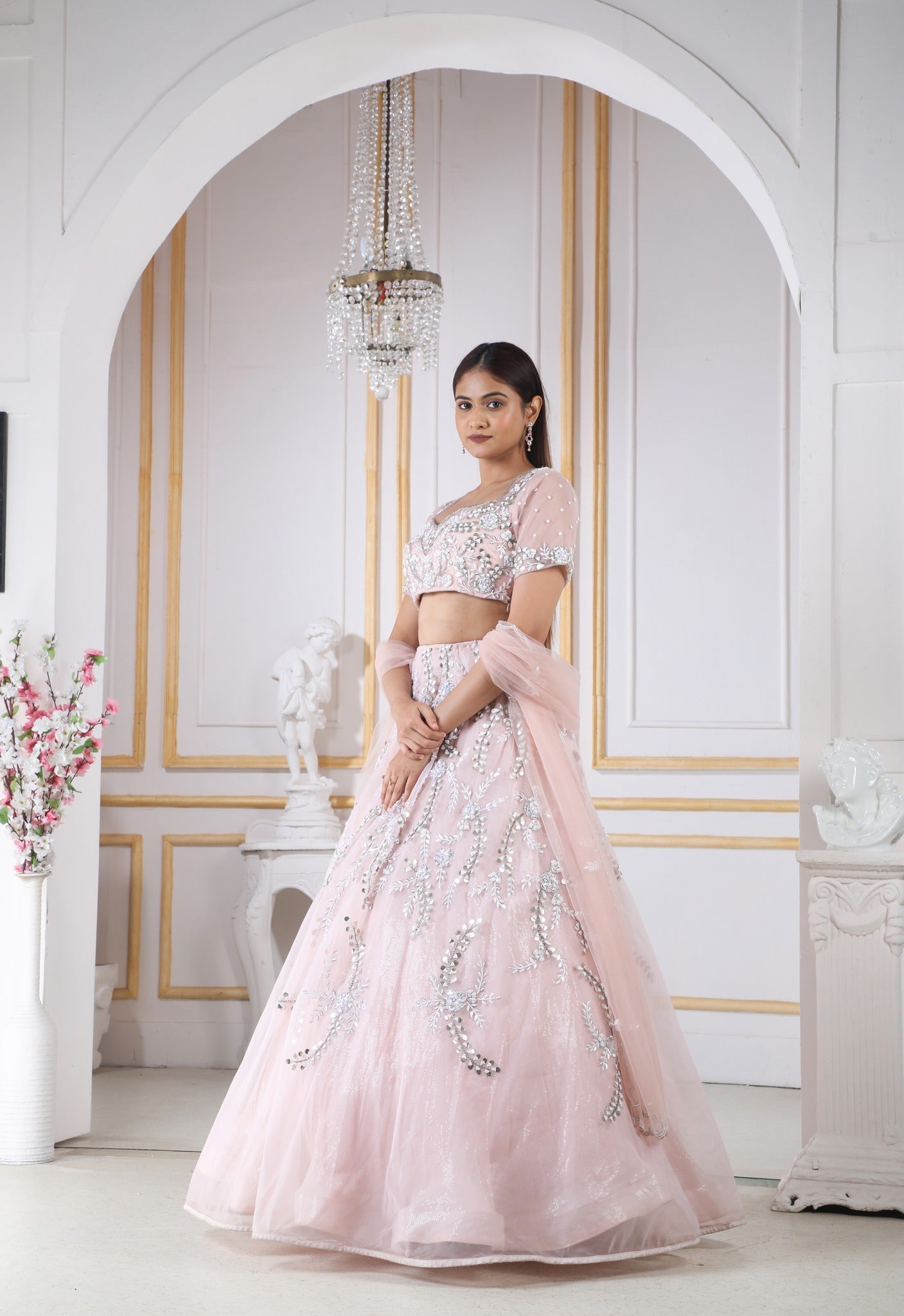 Peach Lehenga In Organza & Net Blouse With Zardosi And Gota Work In Jaal & Floral Style.