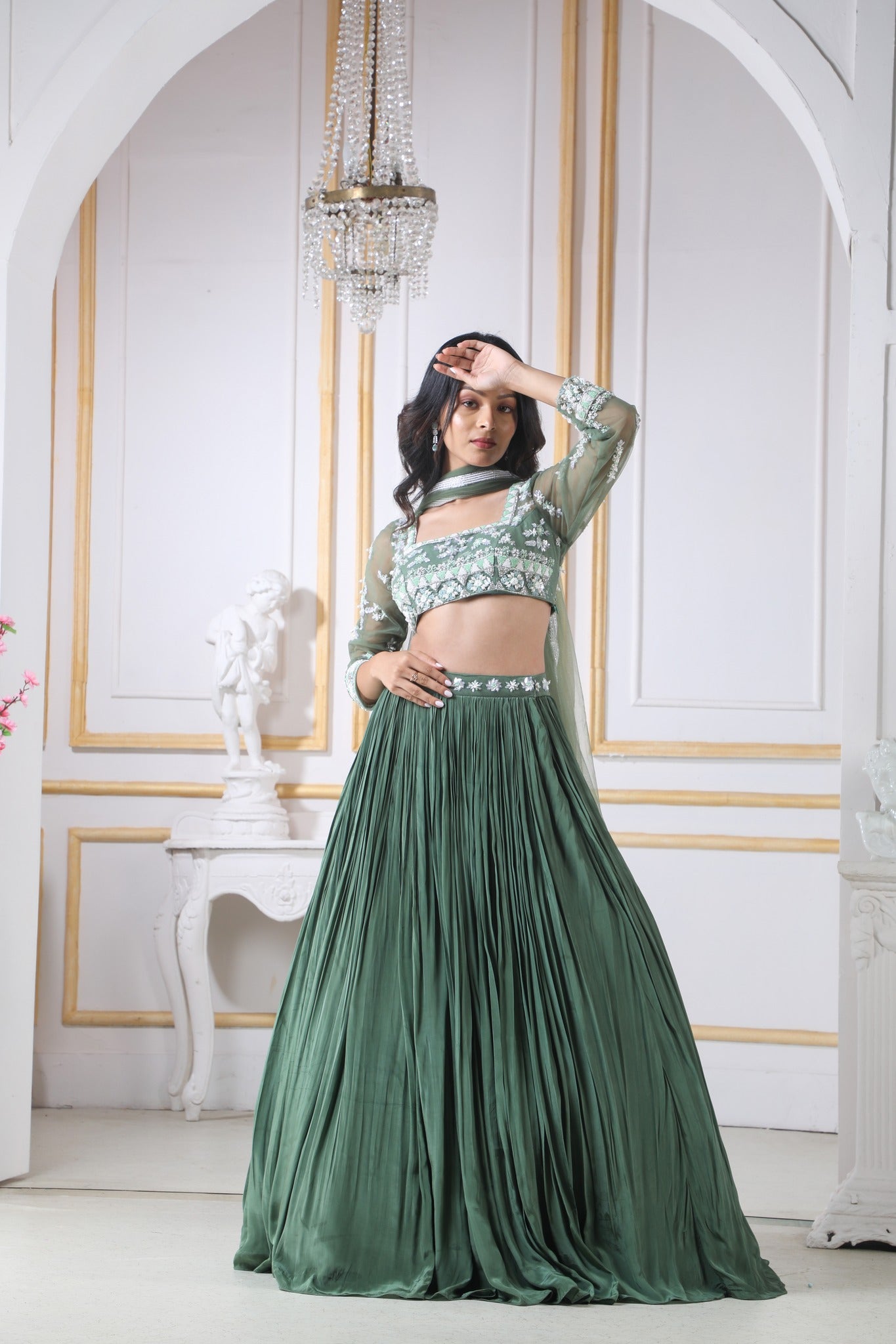 Olive Green Lehenga & Blouse With Silver, Green Self Work And A Matching Net Dupatta