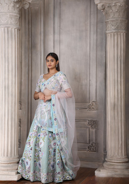 Mint Green Skirt & Pink Blouse With Multicoloured Resham, Zari And Cutdana Floral Embroidery