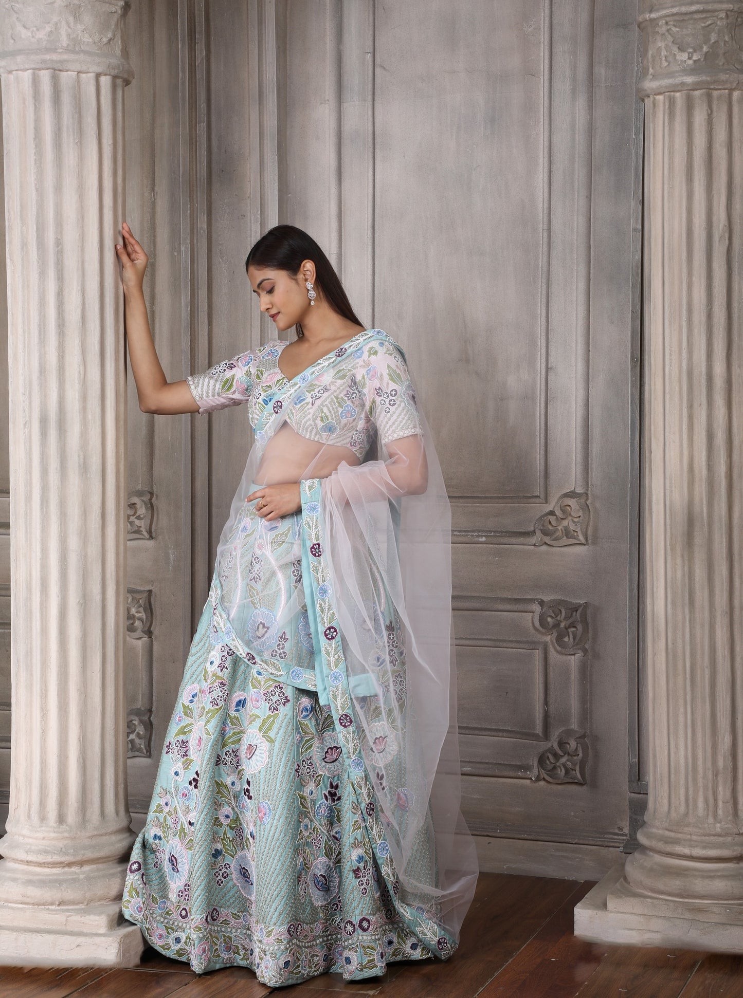 Mint Green Skirt & Pink Blouse With Multicoloured Resham, Zari And Cutdana Floral Embroidery