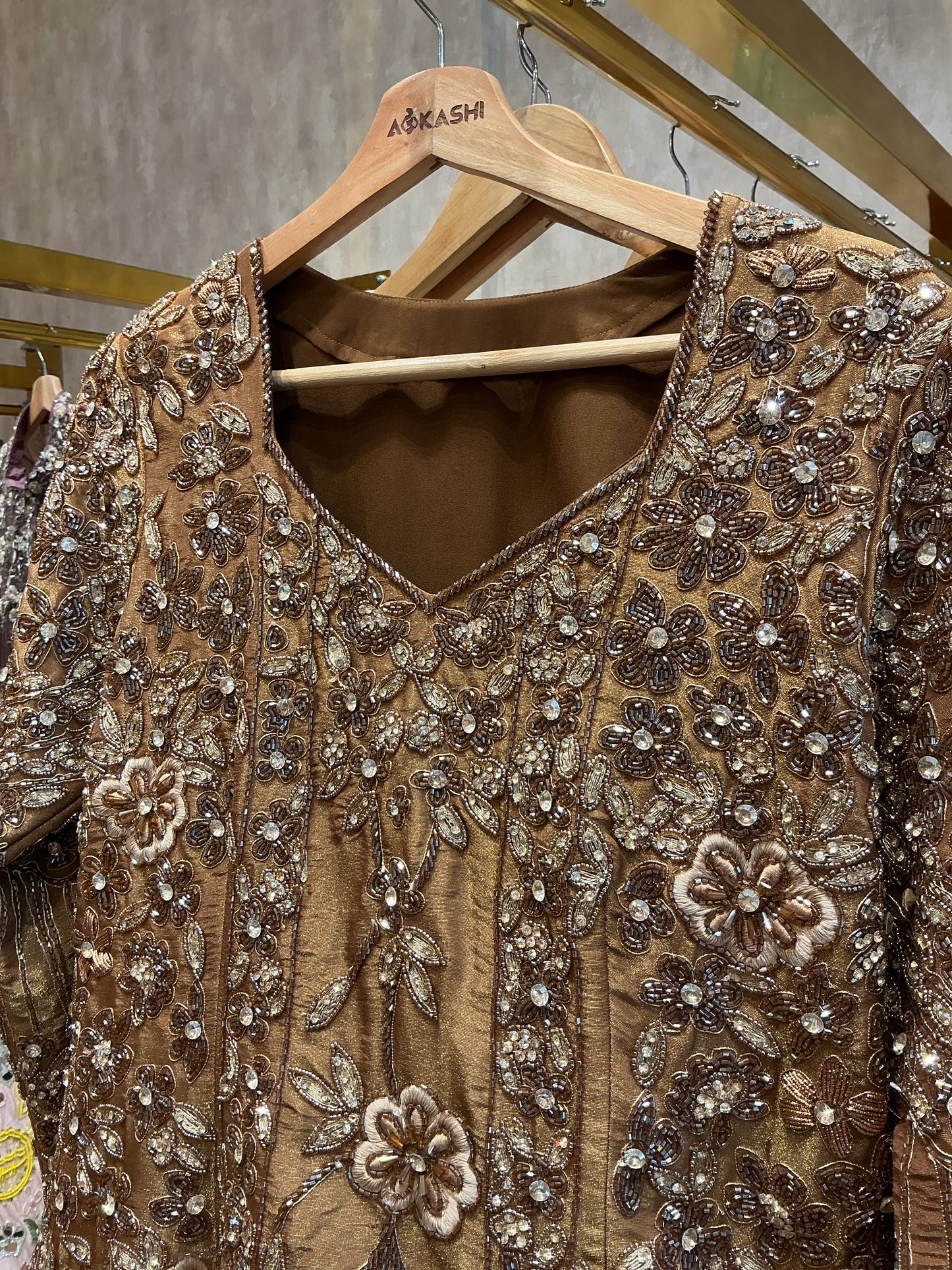 Burnished Gold Hand-Embroidered Kurti with Farsi Lehenga & Dupatta in Tissue