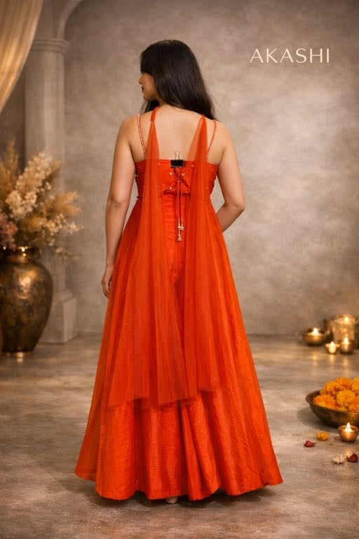 Orange Raw Silk Appliqué Work Jumpsuit