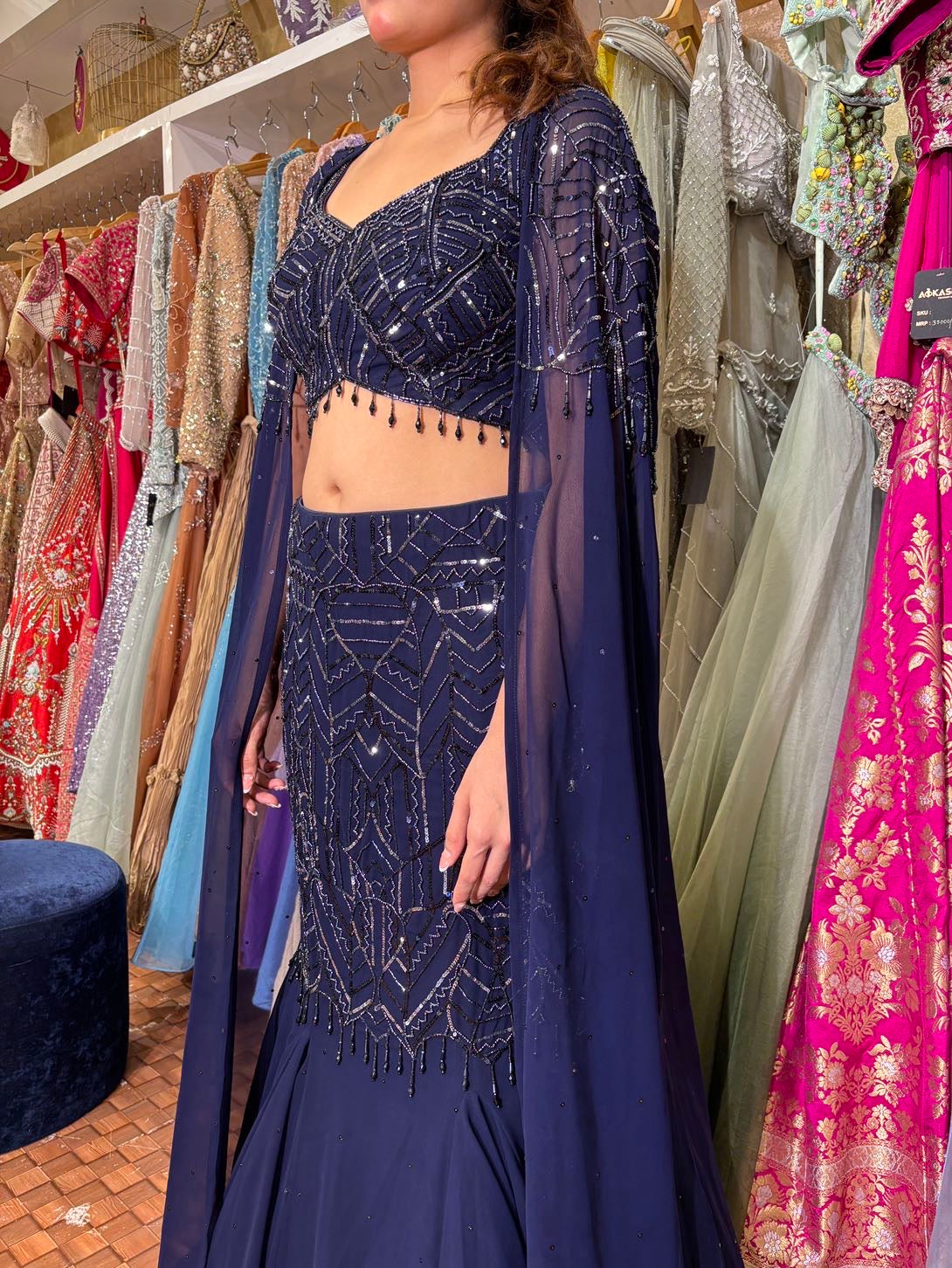 Nevi blue fish cut lehenga with cape