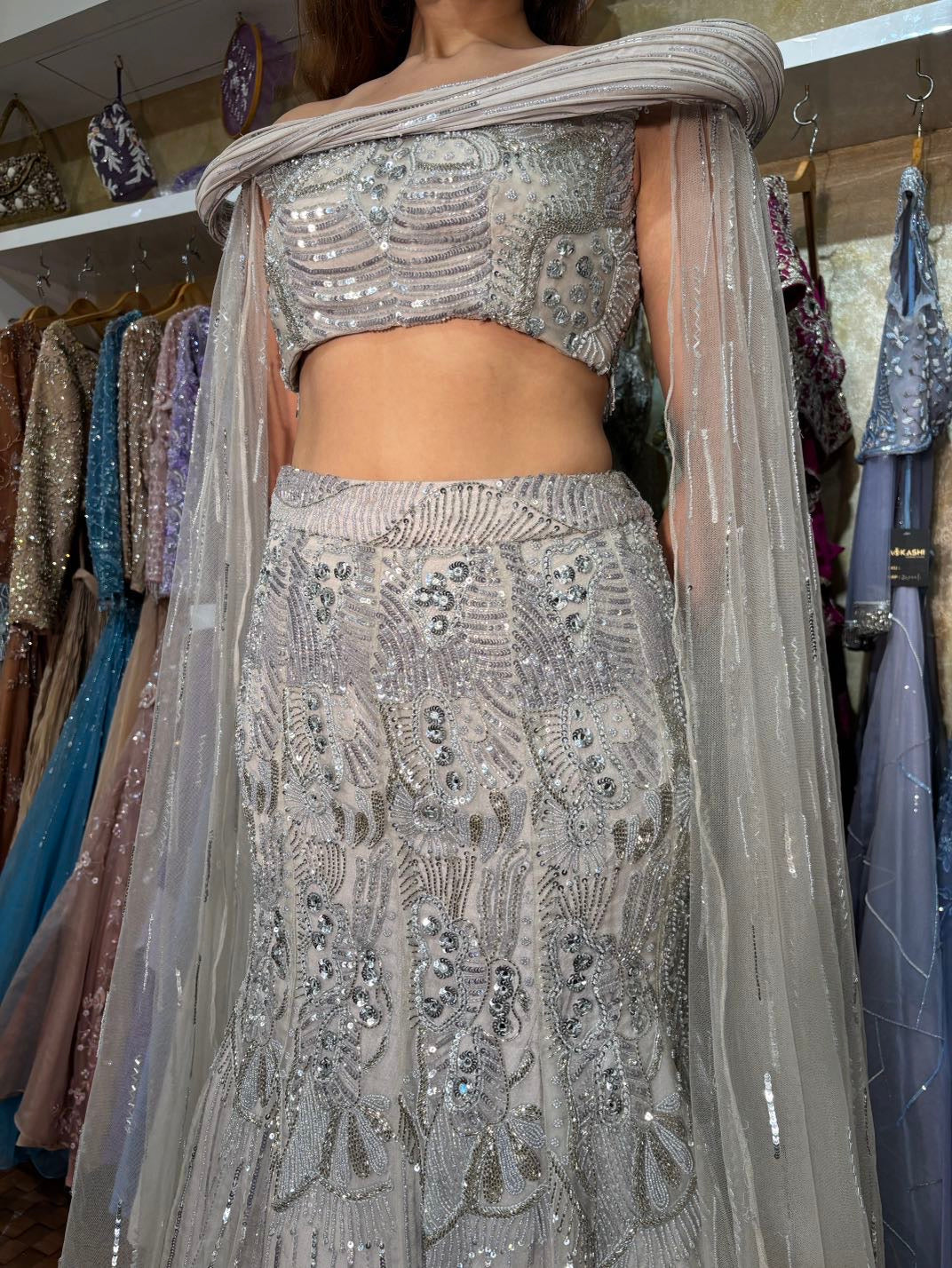 Grey silver fish cut Lehenga