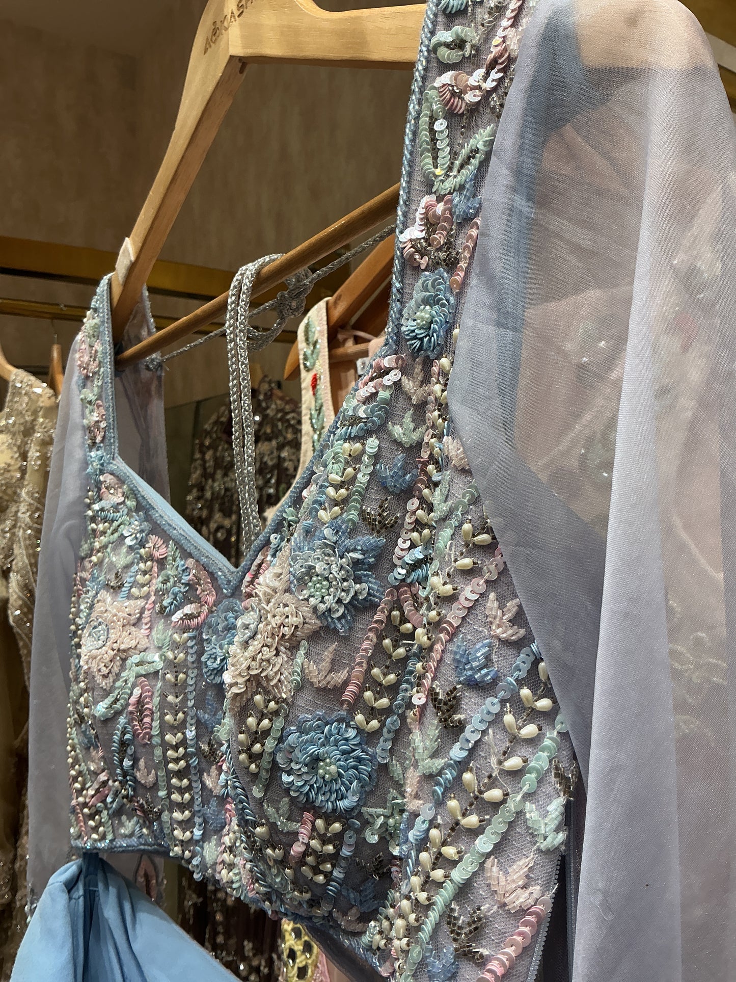 Lilac Blue Hand-Embroidered Organza Lehenga Set