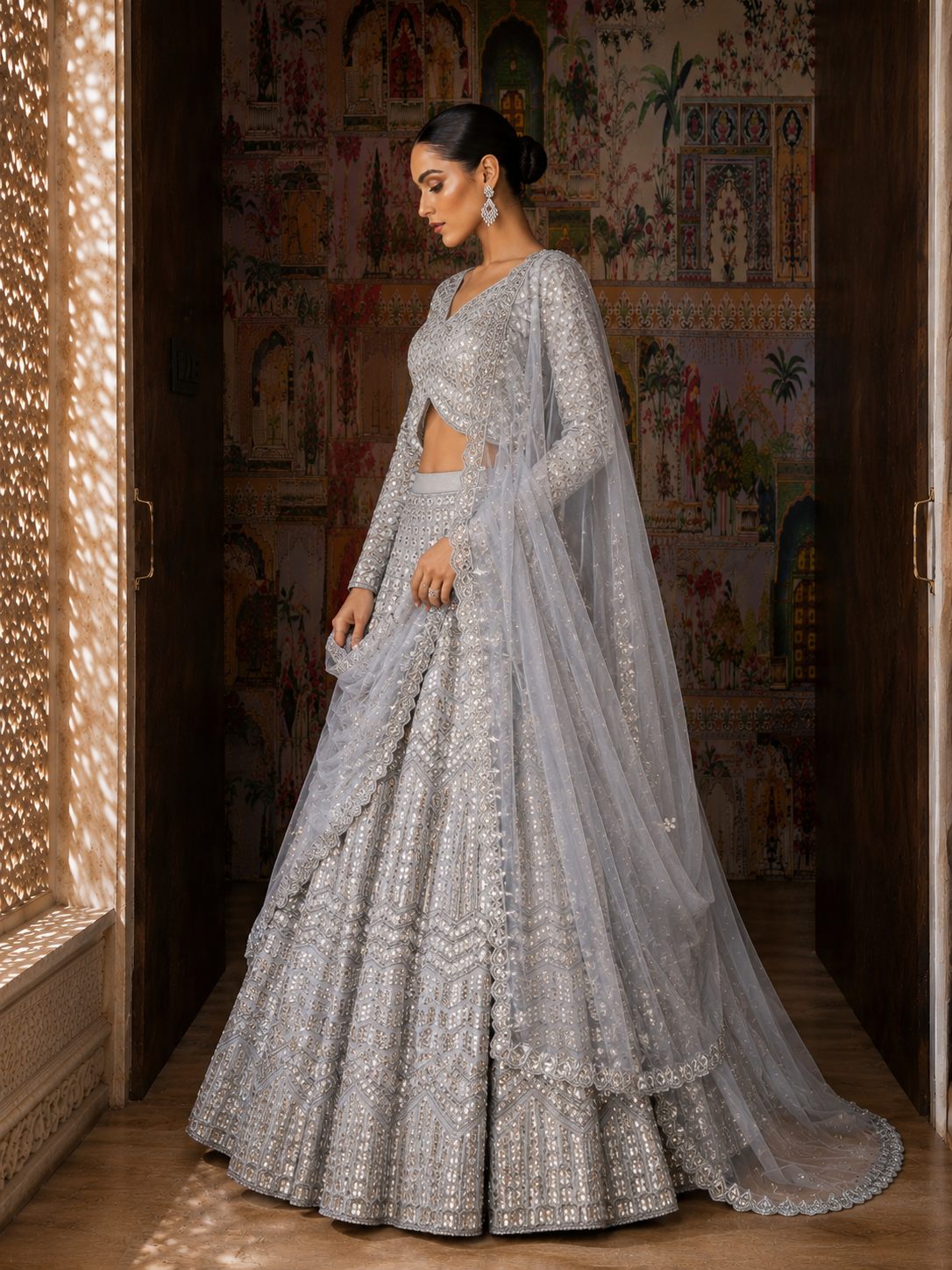 Frosted Pearl Mirrorwork Net Lehenga Set