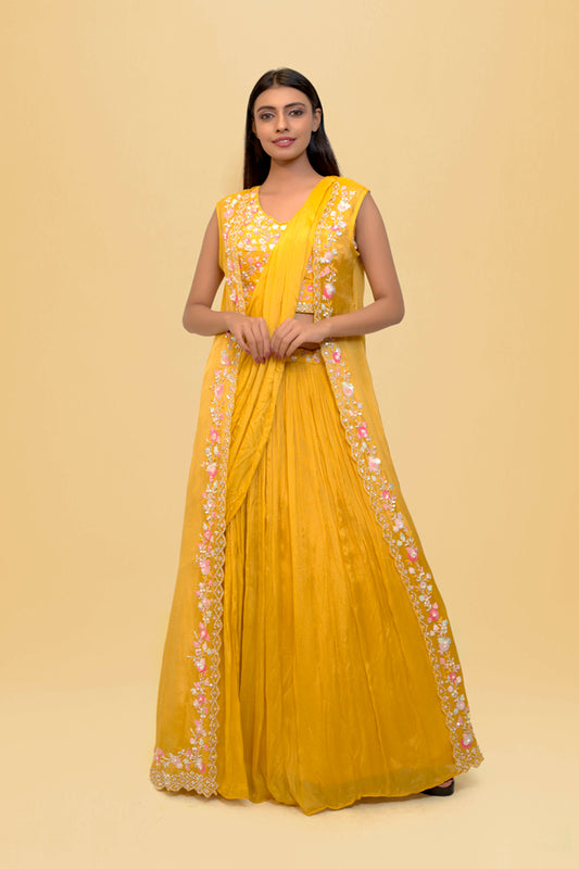 Yellow Drape Lehenga Choli Set With Beautiful Floral Handwork Topped With A Jacket