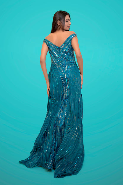 Teal Fish Cut Gown With Pintex Detailing With Heavy Handwork