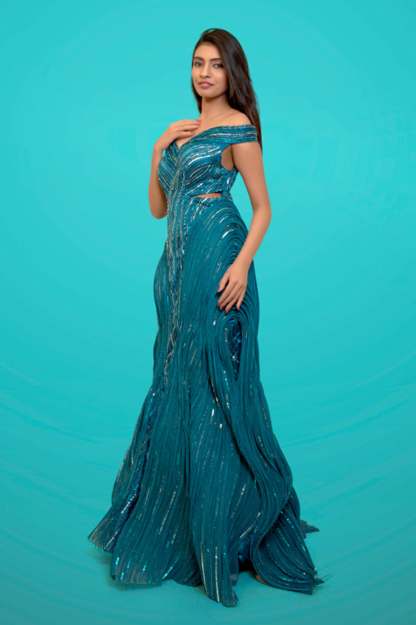 Teal Fish Cut Gown With Pintex Detailing With Heavy Handwork