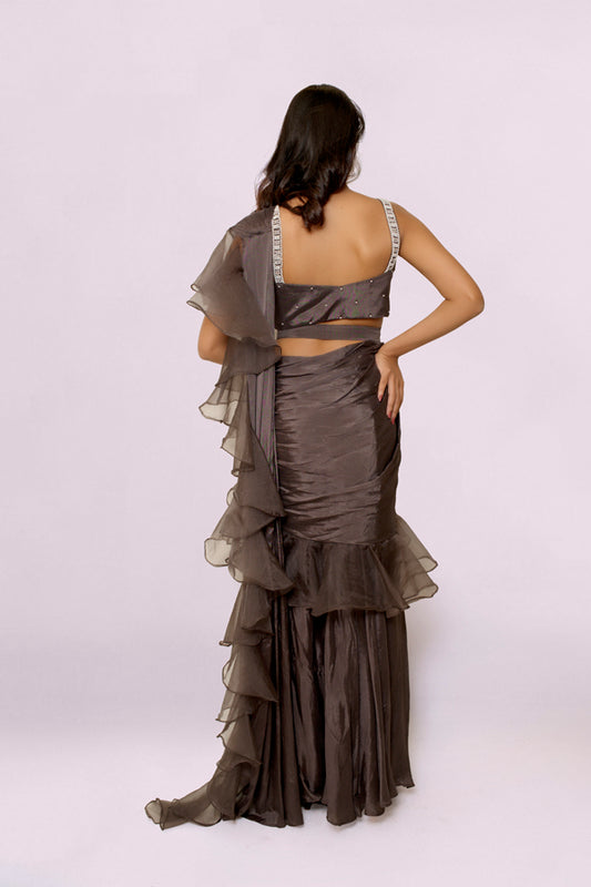 Graceful Grey Pleated Ready Saree With Handwork Blouse And An Embroidered Belt