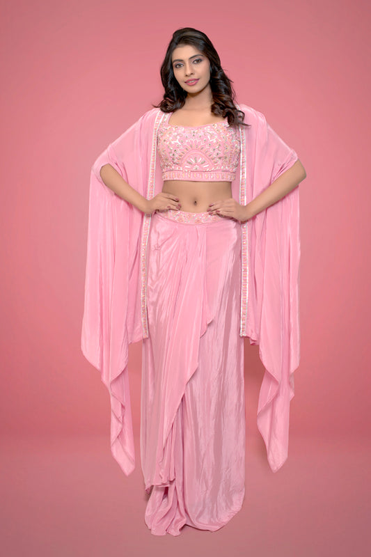 Rust Pink Drape Skirt With Matching Blouse & Cape Embellished In Beads, Cutdana Handwork