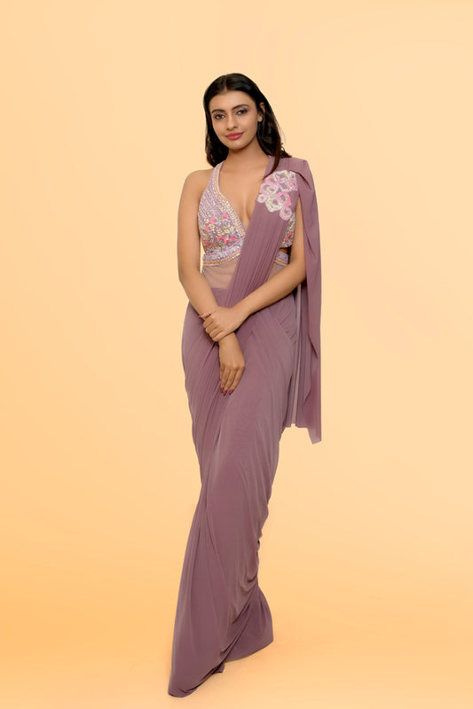 Lilac Backless Indowestern Saree Gown