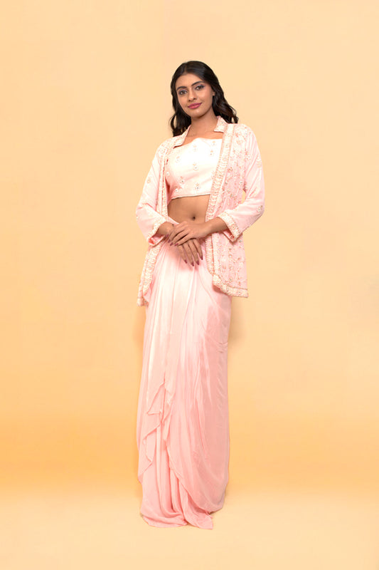 Pink Drape Skirt And Crop Top With Matching Jacket In Handwork