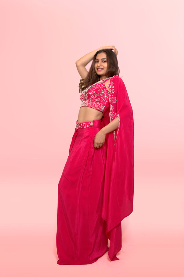 Rani Pink Dhoti Skirt With Matching Blouse And Cape Embellished In Beads, Cutdana Handwork