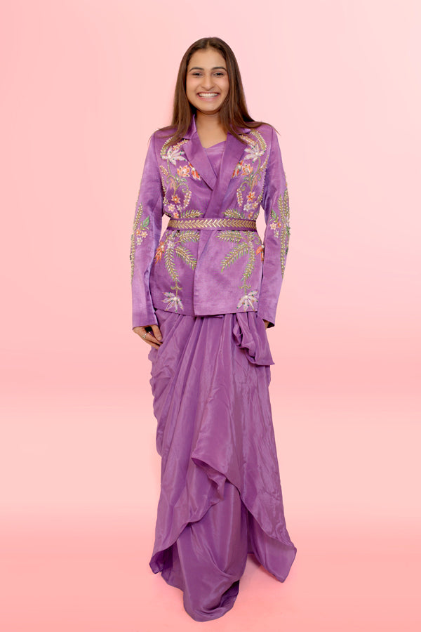 Lilac Drape Skirt Set With Indo Western Jacket With Beautiful Hand Embroidery
