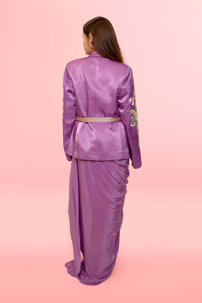 Lilac Drape Skirt Set With Indo Western Jacket With Beautiful Hand Embroidery